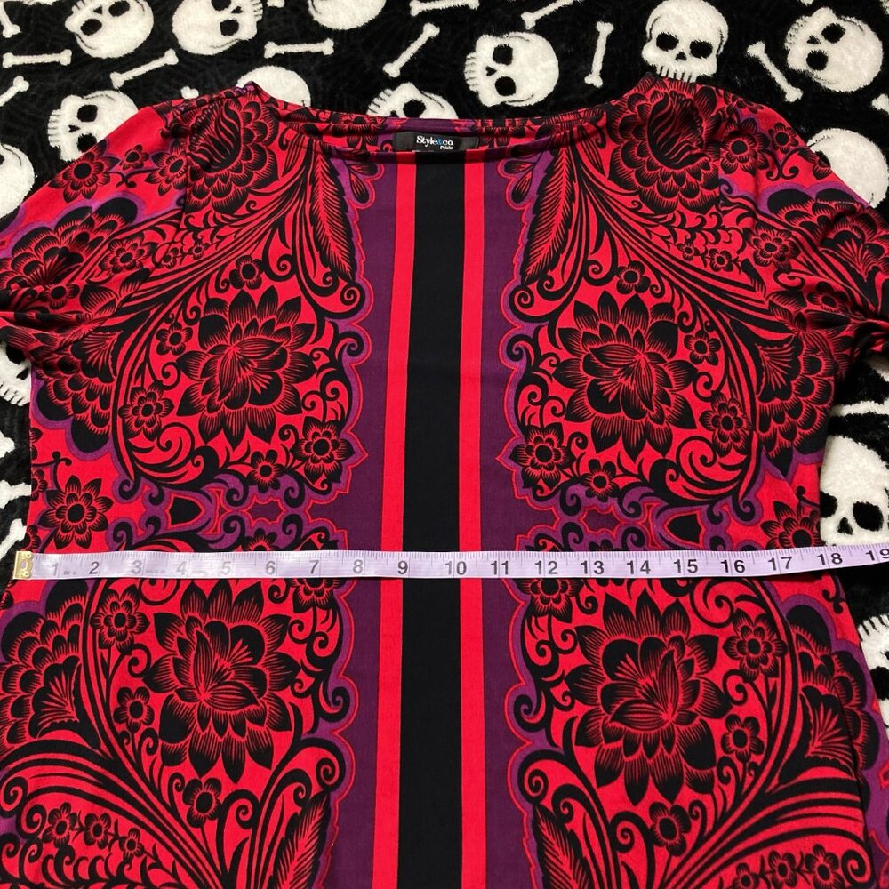 STYLE & CO. Red purple black dark floral stretchy tunic top MEDIUM LARGE shirt - Picture 9 of 13